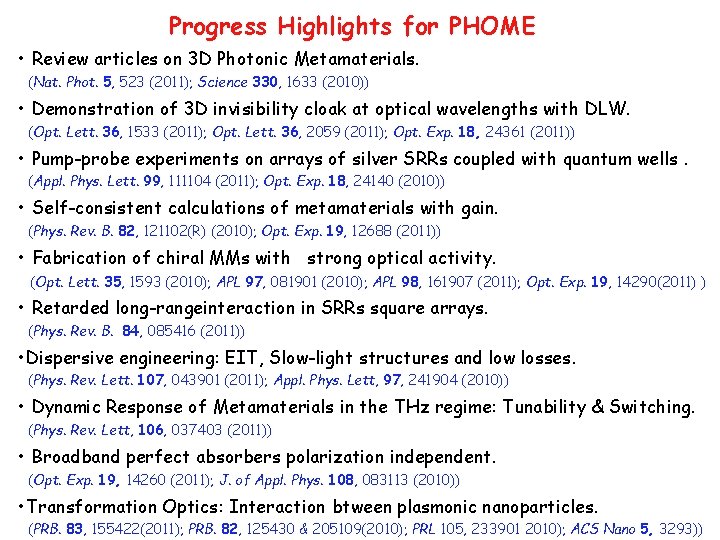 Progress Highlights for PHOME • Review articles on 3 D Photonic Metamaterials. (Nat. Phot. Progress Highlights for PHOME • Review articles on 3 D Photonic Metamaterials. (Nat. Phot.