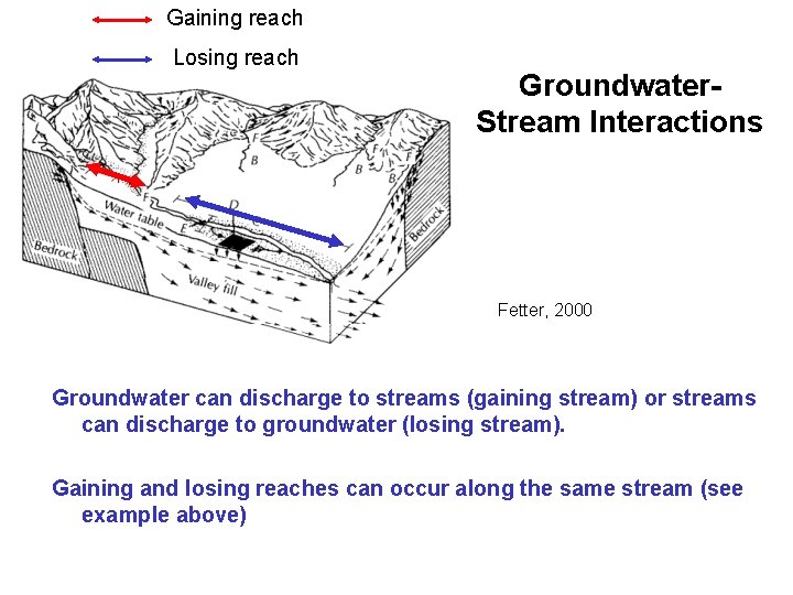 Gaining reach Losing reach Groundwater. Stream Interactions Fetter, 2000 Groundwater can discharge to streams