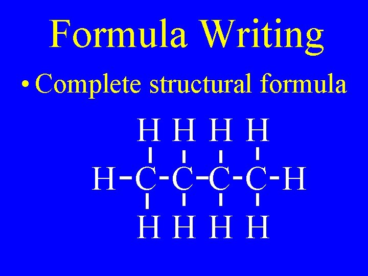 Formula Writing • Complete structural formula HHHH H C C H HHHH 