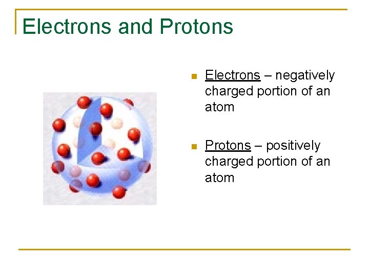 Electrons and Protons n Electrons – negatively charged portion of an atom n Protons