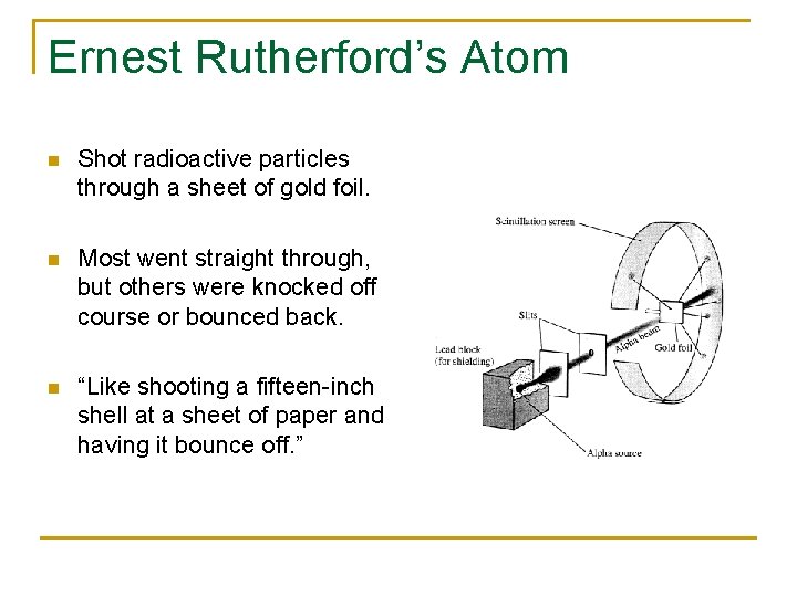 Ernest Rutherford’s Atom n Shot radioactive particles through a sheet of gold foil. n