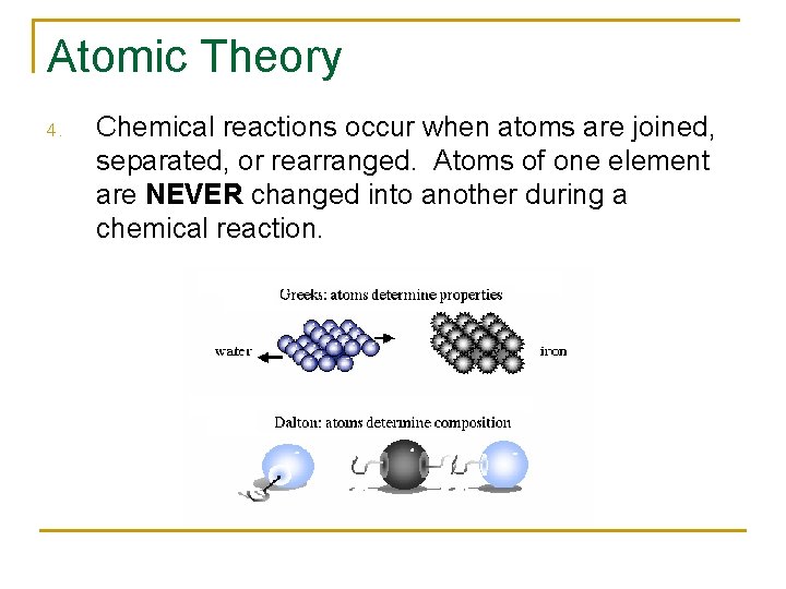 Atomic Theory 4. Chemical reactions occur when atoms are joined, separated, or rearranged. Atoms