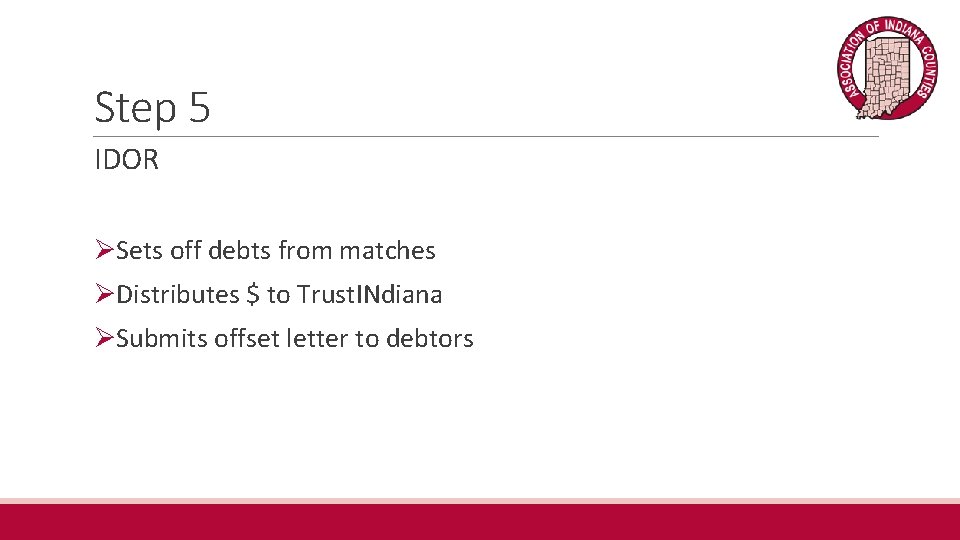 Step 5 IDOR ØSets off debts from matches ØDistributes $ to Trust. INdiana ØSubmits