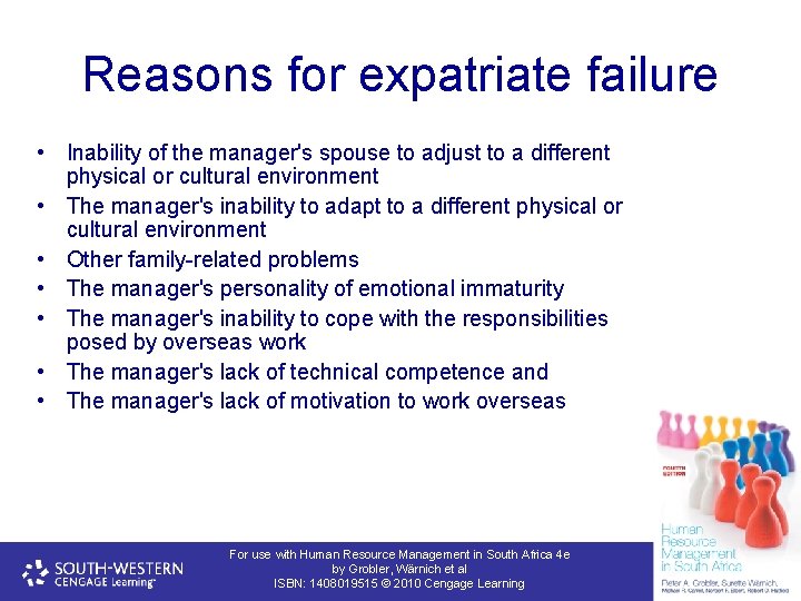 Reasons for expatriate failure • Inability of the manager's spouse to adjust to a