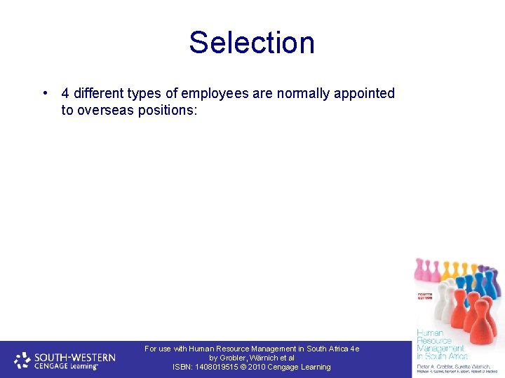 Selection • 4 different types of employees are normally appointed to overseas positions: For