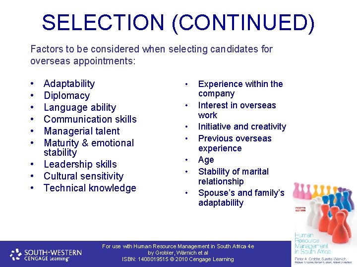 SELECTION (CONTINUED) Factors to be considered when selecting candidates for overseas appointments: • •