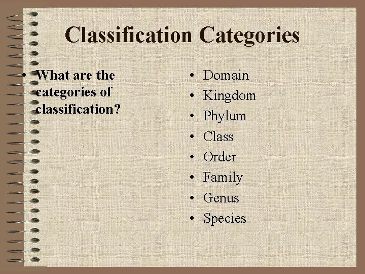 Classification Categories • What are the categories of classification? • • Domain Kingdom Phylum