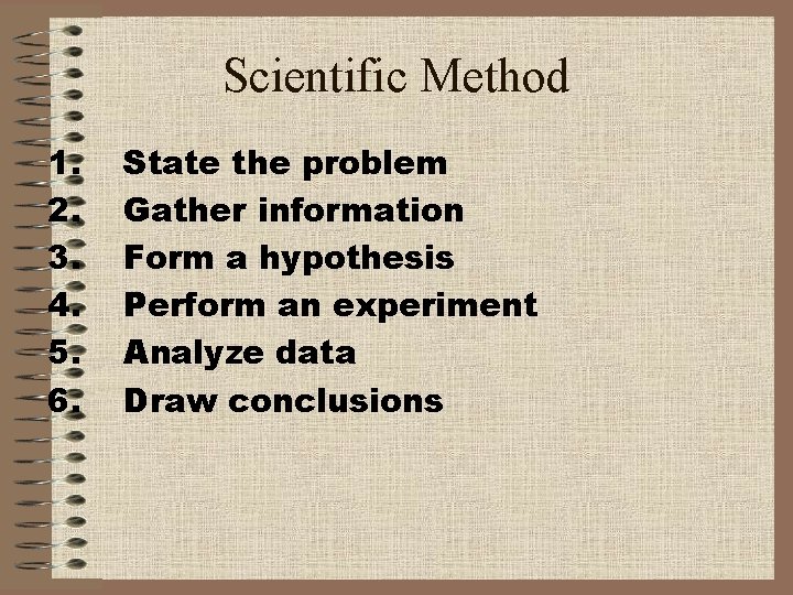 Scientific Method 1. 2. 3. 4. 5. 6. State the problem Gather information Form
