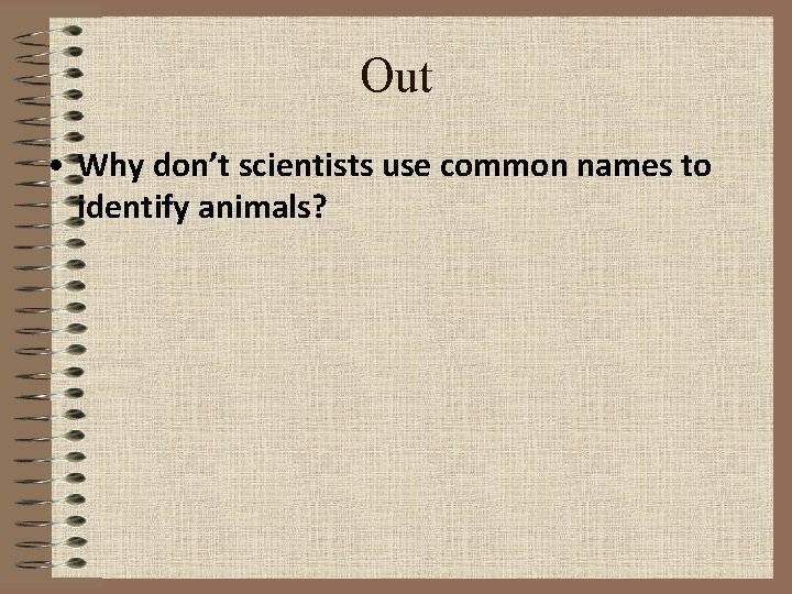 Out • Why don’t scientists use common names to identify animals? 