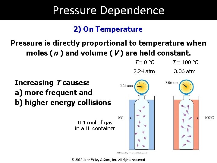 Pressure Dependence 2) On Temperature Pressure is directly proportional to temperature when moles (n