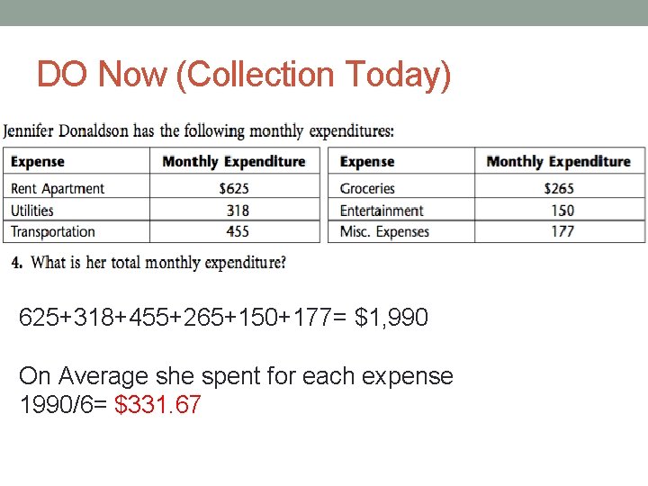DO Now (Collection Today) 625+318+455+265+150+177= $1, 990 On Average she spent for each expense