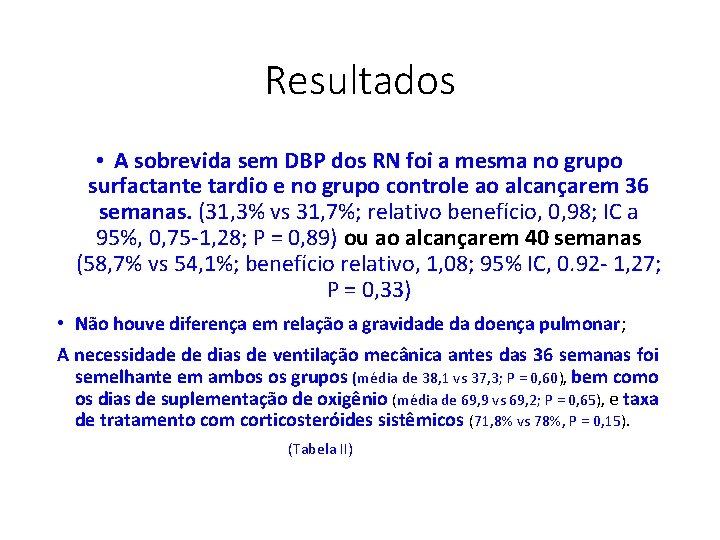 Resultados • A sobrevida sem DBP dos RN foi a mesma no grupo surfactante