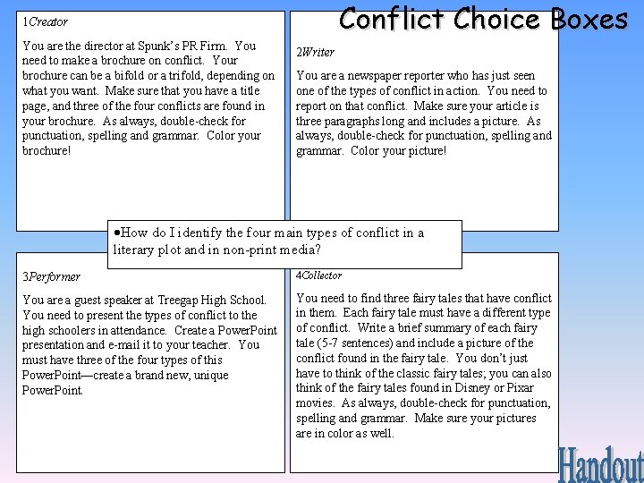 Conflict Choice Boxes 1 Creator You are the director at Spunk’s PR Firm. You