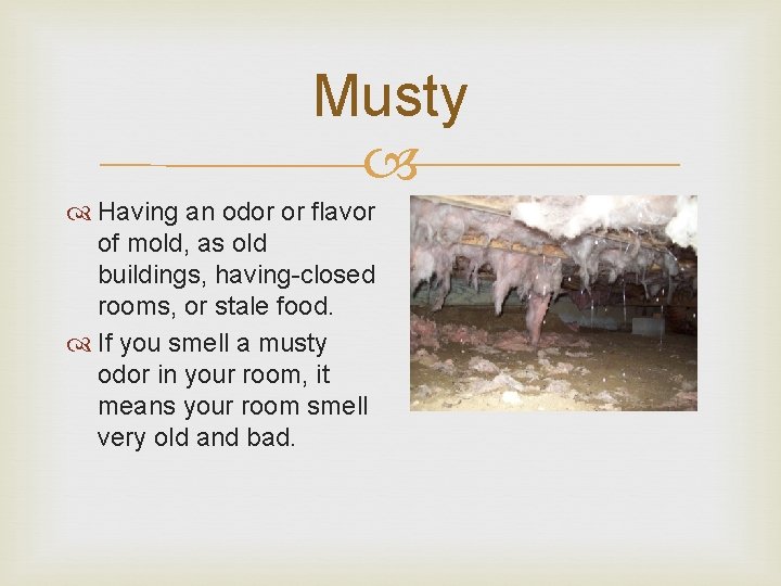 Musty Having an odor or flavor of mold, as old buildings, having-closed rooms, or