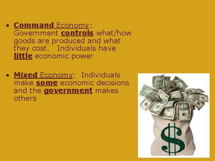  • Command Economy: Government controls what/how goods are produced and what they cost.
