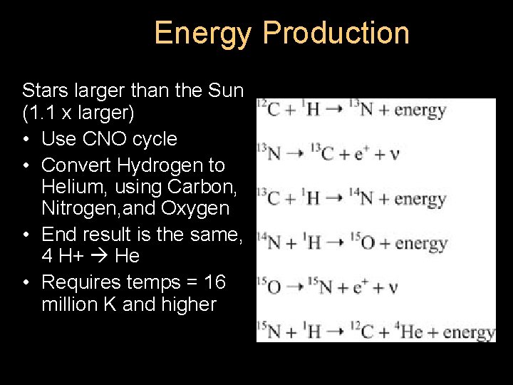 Energy Production Stars larger than the Sun (1. 1 x larger) • Use CNO