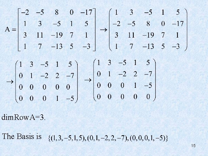 dim. Row. A=3. The Basis is 15 