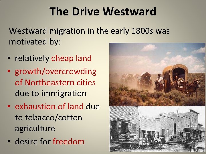 The Drive Westward migration in the early 1800 s was motivated by: • relatively