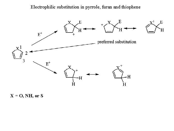 Electrophilic substitution in pyrrole, furan and thiophene X = O, NH, or S 