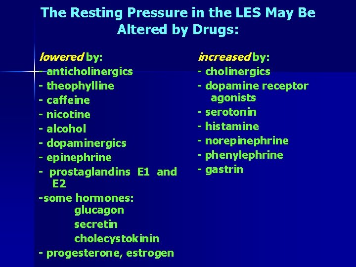 The Resting Pressure in the LES May Be Altered by Drugs: lowered by: increased