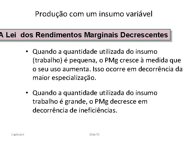 Produção com um insumo variável A Lei dos Rendimentos Marginais Decrescentes • Quando a