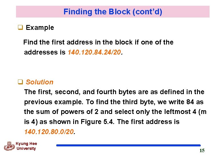 Finding the Block (cont’d) q Example Find the first address in the block if