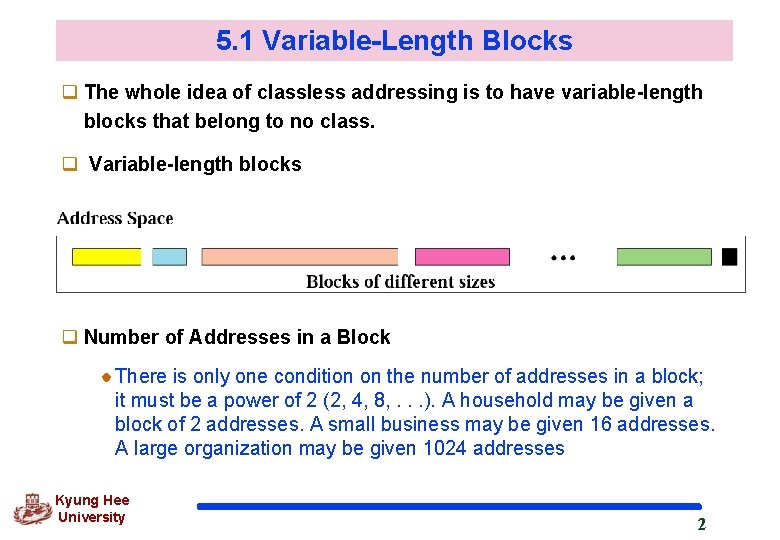 5. 1 Variable-Length Blocks q The whole idea of classless addressing is to have