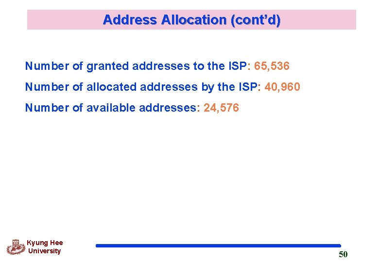 Address Allocation (cont’d) Number of granted addresses to the ISP: 65, 536 Number of