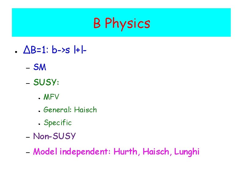 B Physics ● ΔB=1: b->s l+l– SM – SUSY: ● MFV ● General: Haisch