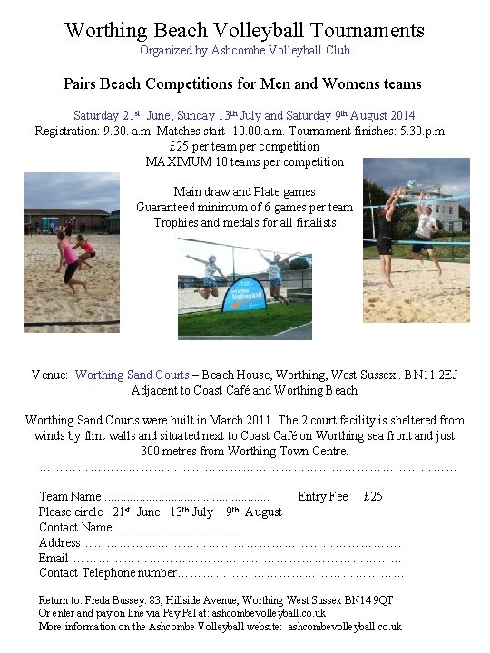 Worthing Beach Volleyball Tournaments Organized by Ashcombe Volleyball Club Pairs Beach Competitions for Men