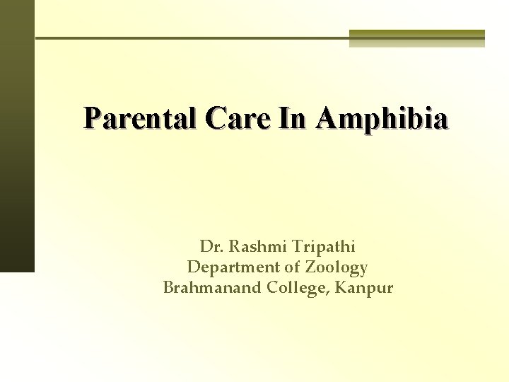 Parental Care In Amphibia Dr. Rashmi Tripathi Department of Zoology Brahmanand College, Kanpur 