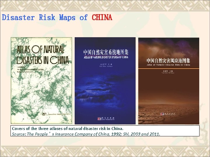 Disaster Risk Maps of CHINA Covers of the three atlases of natural disaster risk