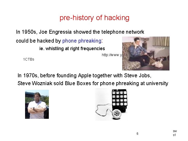 pre-history of hacking In 1950 s, Joe Engressia showed the telephone network could be