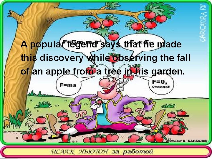 A popular legend says that he made this discovery while observing the fall of