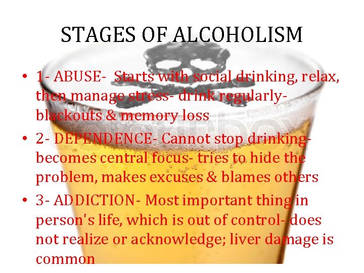 STAGES OF ALCOHOLISM • 1 - ABUSE- Starts with social drinking, relax, then manage STAGES OF ALCOHOLISM • 1 - ABUSE- Starts with social drinking, relax, then manage
