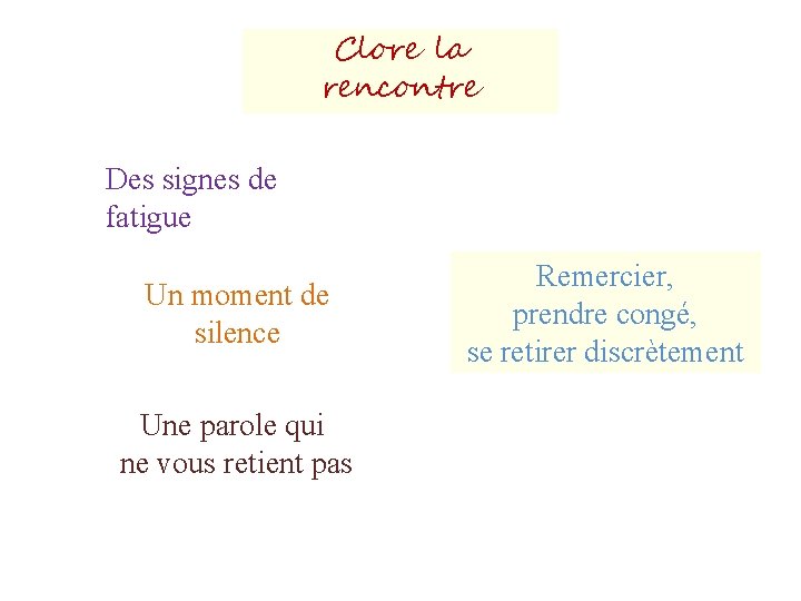 Clore la rencontre Des signes de fatigue Un moment de silence Une parole qui
