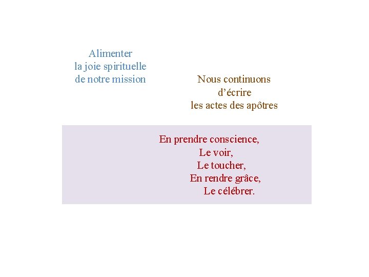 Alimenter la joie spirituelle de notre mission Nous continuons d’écrire les actes des apôtres