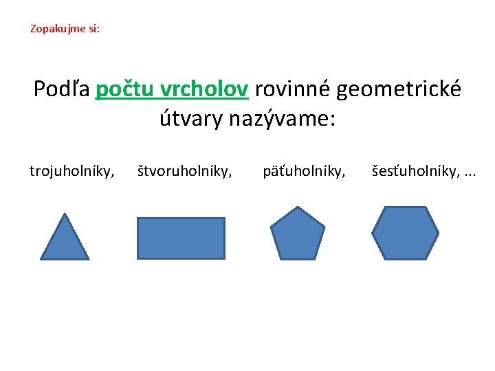 Zopakujme si: Podľa počtu vrcholov rovinné geometrické útvary nazývame: trojuholníky, štvoruholníky, päťuholníky, šesťuholníky, .