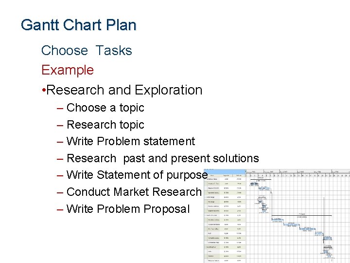 Gantt Chart Plan Choose Tasks Example • Research and Exploration – Choose a topic