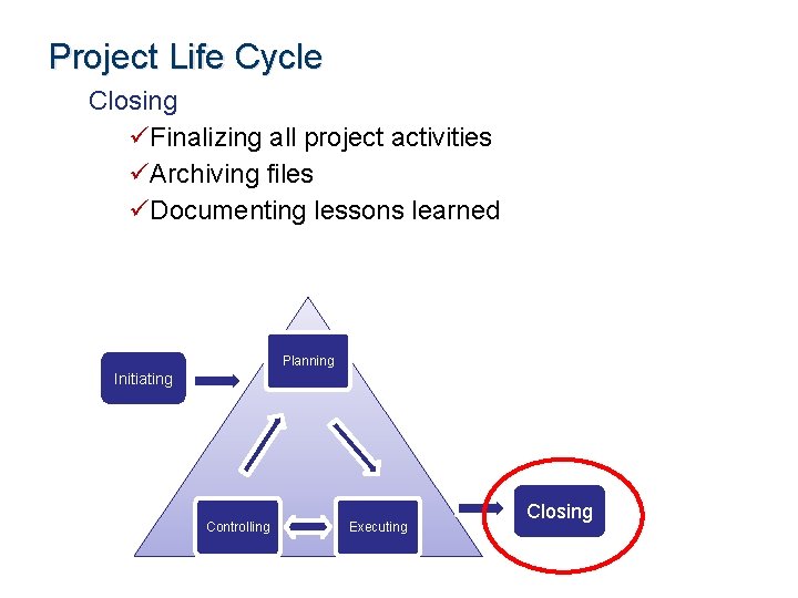 Project Life Cycle Closing üFinalizing all project activities üArchiving files üDocumenting lessons learned Planning