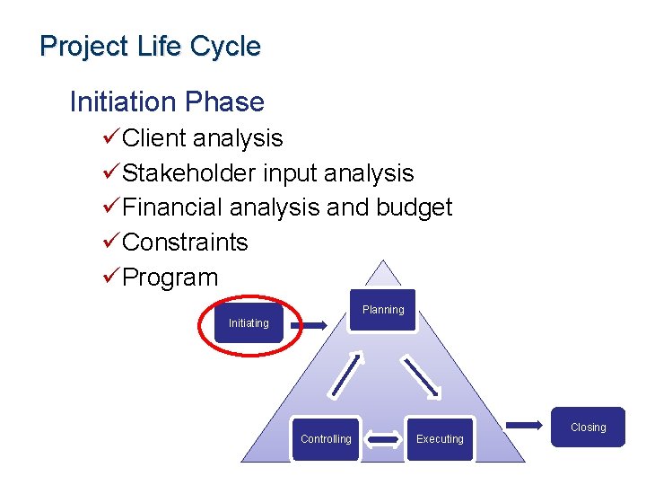 Project Life Cycle Initiation Phase üClient analysis üStakeholder input analysis üFinancial analysis and budget