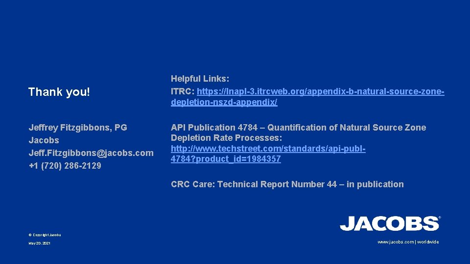 Thank you! Helpful Links: ITRC: https: //lnapl-3. itrcweb. org/appendix-b-natural-source-zonedepletion-nszd-appendix/ Jeffrey Fitzgibbons, PG Jacobs Jeff.