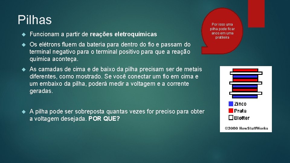 Pilhas Funcionam a partir de reações eletroquímicas Os elétrons fluem da bateria para dentro