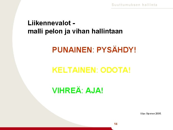 Liikennevalot malli pelon ja vihan hallintaan PUNAINEN: PYSÄHDY! KELTAINEN: ODOTA! VIHREÄ: AJA! Ulpu Siponen