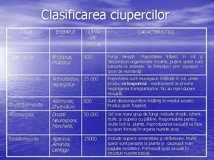 Clasificarea ciupercilor FILUM EXEMPLE NUMĂR DE SPECII CARACTERISTICI Zygomycota Rhizopus, Pilobolus Deuteromycota Arthrobotrys, 25.