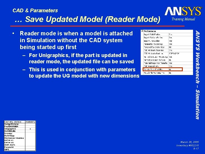 CAD & Parameters … Save Updated Model (Reader Mode) – For Unigraphics, if the