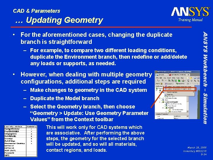 CAD & Parameters … Updating Geometry Training Manual – For example, to compare two