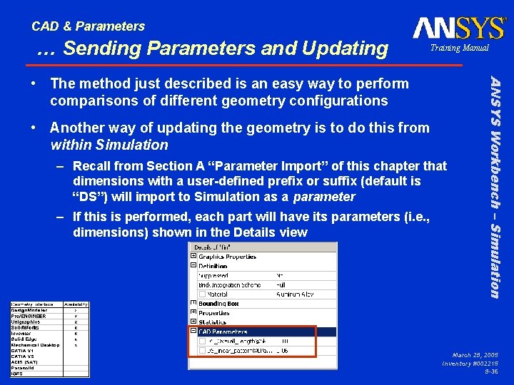 CAD & Parameters … Sending Parameters and Updating Training Manual • Another way of