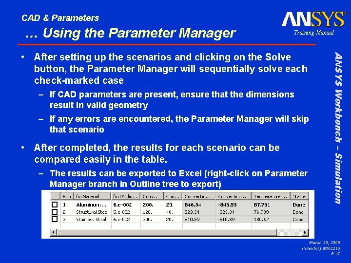 CAD & Parameters … Using the Parameter Manager Training Manual – If CAD parameters