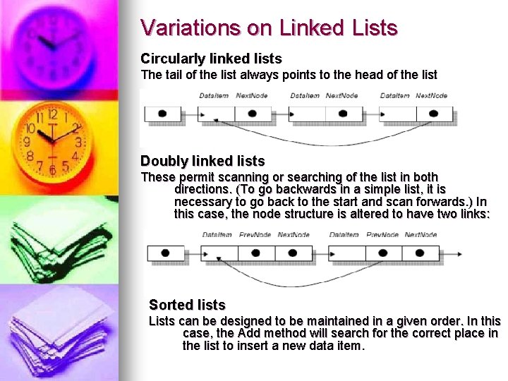 Variations on Linked Lists Circularly linked lists The tail of the list always points